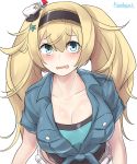  1girl absurdres blonde_hair blue_eyes blue_shirt breast_pocket breasts cleavage collarbone collared_shirt gambier_bay_(kantai_collection) hair_ornament hairband highres kantai_collection kiritto large_breasts looking_at_viewer open_clothes open_mouth open_shirt pocket shirt short_sleeves simple_background solo tied_shirt twintails upper_body white_background 