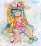  2girls 39 artist_name chibi closed_eyes crab green_eyes green_hair grin hair_ribbon hat hatsune_miku innertube long_hair marker_(medium) mayo_riyo multiple_girls navel popsicle ribbon seiza sitting smile straw_hat summer swimming traditional_media twintails very_long_hair vocaloid watermelon_bar 