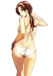  1girl ass bikini breasts brown_eyes brown_hair idolmaster idolmaster_cinderella_girls kawashima_mizuki leaning_forward long_hair looking_at_viewer looking_back medium_breasts parted_lips ponytail sideboob simple_background solo standing swimsuit takano_masayuki white_background white_bikini 