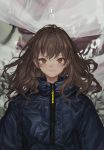  1girl absurdres bangs blue_jacket brown_eyes brown_hair expressionless flower highres jacket lavender_quartz lm7_(op-center) logo long_hair looking_at_viewer messy_hair solo torabishi_lana zipper_pull_tab 