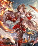  1girl 77gl :d breasts brown_hair dragon_claw fire frills long_hair navel navel_cutout open_mouth shadowverse smile 