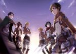  2girls 4boys armin_arlert belt black_hair blonde_hair blue_eyes blue_sky character_request clouds collarbone crossed_arms day dual_wielding eren_yeager from_below glasses green_capelet grey_pants grey_shirt hand_on_hip hange_zoe highres holding holding_sword holding_weapon levi_(shingeki_no_kyojin) looking_at_viewer mikasa_ackerman military military_uniform multiple_boys multiple_girls null_(chronix) outdoors pants paradis_military_uniform parted_lips ponytail red_scarf scarf shingeki_no_kyojin shirt short_hair sitting sky standing sword three-dimensional_maneuver_gear uniform weapon 