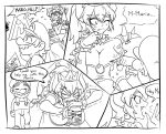  1boy 1girl bandaid blush borrowed_character bowsette breasts bug cabbie_hat cleavage comic crown dress earrings english facial_hair fang forked_eyebrows genderswap genderswap_(mtf) greyscale hat horns humanization jar jewelry large_breasts lineart mario super_mario_bros. matsu-sensei monochrome mustache new_super_mario_bros._u_deluxe nintendo ponytail scared simple_background sketch speech_bubble spider spiked_shell super_crown tail text_focus white_background 