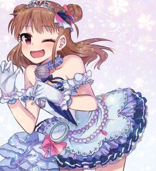  10s 1girl ;d blush bow brown_hair clock double_bun dress flower_(symbol) gloves idolmaster idolmaster_cinderella_girls idolmaster_cinderella_girls_starlight_stage microphone munakata_atsumi musical_note one_eye_closed open_mouth pink_eyes pocket_watch quaver smile solo strapless strapless_dress tiara treble_clef usameruti watch 