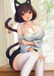  :d animal_ear_fluff animal_ears azur_lane bangs bare_shoulders bell black_hair blush breast_hold breasts casual cat_ears cat_tail cleavage collarbone commentary_request denim denim_shorts eyebrows_visible_through_hair fou_zi hand_on_own_leg high-waist_shorts highres indoors jingle_bell large_breasts looking_at_viewer mole mole_under_eye off_shoulder open_mouth red_eyes red_ribbon revision ribbon shirt short_hair shorts sitting smile tail tail_bell tail_ribbon thigh-highs translated upper_teeth white_legwear white_shirt wide_sleeves yamashiro_(azur_lane) 