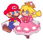  1boy 1girl blue_eyes bow braid bright_pupils brown_footwear brown_hair crown dress earrings facial_hair ghost-pepper gloves jewelry locked_arms long_hair looking_at_another mario super_mario_bros. mustache new_super_mario_bros._u_deluxe nintendo peachette pink_bow pink_dress puffy_short_sleeves puffy_sleeves short_sleeves simple_background smile super_crown toadette twin_braids white_background 