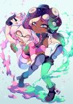  +_+ 2girls arm_around_shoulder arm_up artist_name boots carrying cephalopod_eyes crop_top crown dark_skin fingerless_gloves gloves green_eyes headphones hime_(splatoon) iida_(splatoon) long_hair mole mole_under_mouth multicolored_hair multiple_girls nintendo octarian open_mouth pantyhose pink_hair princess_carry short_hair sleeveless smile splatoon splatoon_2 suikka tentacle_hair zipper 