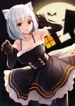  1girl :d animal animal_ear_fluff animal_ears armpits bangs bare_shoulders bat black_dress black_gloves black_legwear blurry blurry_background blush breasts brown_eyes building cat_ears claw_pose collarbone commentary_request cucchiore depth_of_field dress elbow_gloves eyebrows_visible_through_hair fang full_moon fur-trimmed_dress fur-trimmed_gloves fur_trim gloves grey_hair halloween highres looking_at_viewer medium_breasts moon open_mouth original pantyhose pleated_dress sleeveless sleeveless_dress smile solo window 