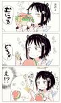  1girl 3koma :t ano_ko_wa_toshi_densetsu black_hair blush_stickers closed_eyes closed_mouth comic cup disposable_cup fake_halo fake_horns feathered_wings flower food food_on_face gomennasai hair_flower hair_ornament hairclip hamburger holding holding_cup holding_food hood hood_down hoodie long_sleeves messy parted_lips sleeves_past_wrists striped_hoodie translation_request white_wings wings zangyaku-san 
