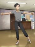  1boy \n/ ballet_slippers black_hair brown_eyes calendar_(object) dance_studio full_body katsuki_yuuri male_focus outstretched_arms shelf shirt t-shirt water_cooler yamano_uzura yuri!!!_on_ice 