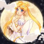  1girl back_bow bishoujo_senshi_sailor_moon blonde_hair blue_eyes bow clouds cowboy_shot crescent double_bun dress earrings eating facial_mark food forehead_mark full_moon hair_ornament hairpin huge_bow jewelry long_hair looking_at_viewer moon princess_serenity shirataki_kaiseki signature solo tsukino_usagi twintails white_bow white_dress 