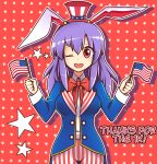  absurdres america american_flag animal_ears bow bowtie coat dual_wielding english hat highres holding lavender_hair long_hair majormilk mini_flag mini_hat one_eye_closed pants rabbit_ears red_background red_eyes reisen_udongein_inaba smile star starry_background striped striped_pants touhou 