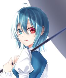  1girl :p bangs blue_eyes blue_hair blue_vest breasts commentary_request eyebrows_visible_through_hair from_behind hair_between_eyes heterochromia highres holding holding_umbrella juliet_sleeves koissa long_sleeves looking_at_viewer looking_back medium_breasts puffy_sleeves red_eyes shirt short_hair simple_background smile solo tatara_kogasa tongue tongue_out touhou umbrella vest white_background white_shirt 