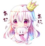  1girl :d biting blush boo chibi chocolat_(momoiro_piano) commentary commentary_request crown dress fang full_body ghost_tail holding long_hair luigi&#039;s_mansion super_mario_bros. mini_crown new_super_mario_bros._u_deluxe nintendo open_mouth princess_king_boo puffy_short_sleeves puffy_sleeves red_eyes sharp_teeth short_sleeves silver_hair simple_background smile super_crown teeth tilted_headwear tongue tongue_out very_long_hair white_background white_dress 