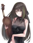  1girl absurdres alternate_costume bangs bare_shoulders black_ribbon blush breasts brown_eyes brown_hair closed_mouth cowboy_shot dress dress_lift eyebrows_visible_through_hair girls_frontline green_hair groin hair_between_eyes hair_ribbon halter_dress heart heart-shaped_pupils highres holding holding_instrument instrument lifted_by_self long_hair looking_at_viewer m4a1_(girls_frontline) medium_breasts multicolored_hair ribbon ru_zhai sidelocks simple_background solo standing streaked_hair symbol-shaped_pupils white_background 