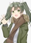  1girl fur_trim green_hair highres ise_dango jacket kantai_collection long_hair open_mouth scarf simple_background solo twintails waving white_background yellow_eyes zuikaku_(kantai_collection) 