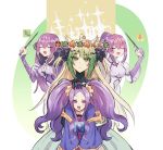 4girls ahoge animal_ears atalanta_(fate) blonde_hair closed_eyes fate/grand_order fate_(series) gameplay_mechanics gradient_hair green_eyes green_hair lion_ears multicolored_hair multiple_girls purple_hair scathach_(fate)_(all) scathach_skadi_(fate/grand_order) scrunchie twintails violet_eyes wand wide_sleeves wu_zetian_(fate/grand_order) 