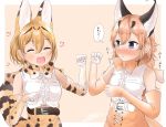  2girls :3 :d ^_^ adjusting_clothes adjusting_gloves amemiya_neru animal_ears arm_up belt blonde_hair blush bow bowtie brown_gloves brown_hair brown_neckwear caracal_(kemono_friends) caracal_ears caracal_tail closed_eyes closed_eyes cross-laced_clothes elbow_gloves extra_ears eyebrows_visible_through_hair gloves hair_between_eyes highres kemono_friends long_hair looking_at_another multiple_girls open_mouth paw_pose print_gloves print_neckwear serval_(kemono_friends) serval_ears serval_print serval_tail shirt signature sleeveless sleeveless_shirt smile spotted_hair tail thought_bubble white_belt white_gloves yellow_gloves yellow_neckwear 