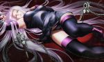  1girl black_panties breasts chains detached_sleeves dress fate/stay_night fate_(series) fenrir_(fenlil0316) large_breasts lavender_eyes lavender_hair long_hair looking_at_viewer lying on_back panties parted_lips planted_weapon rider short_dress solo thigh-highs underwear very_long_hair weapon 