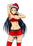  00s 1girl absurdres aqua_eyes arm_up armpits bare_shoulders belt black_hair boots breasts earrings groin hat highres ikkitousen jewelry kakouen_myousai large_breasts looking_at_viewer magatama_earrings midriff navel red_hat red_skirt santa_boots santa_costume santa_hat shiny shiny_skin simple_background skirt solo strapless white_background 