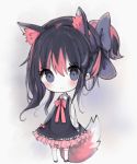  1girl animal_ear_fluff animal_ears bangs black_dress black_footwear black_hair blue_bow blush bow chibi closed_mouth collared_shirt cottontailtokki dress eyebrows_visible_through_hair frilled_dress frills full_body grey_background grey_eyes hair_between_eyes hair_bow long_hair long_sleeves looking_at_viewer multicolored_hair original ponytail red_bow redhead shirt sidelocks sleeveless sleeveless_dress smile solo standing streaked_hair tail thigh-highs white_legwear white_shirt 