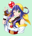  1girl ;d bandanna blue_background blue_hair brown_gloves character_request chimachi cropped_torso eyebrows_visible_through_hair fingerless_gloves floating_hair gloves green_eyes hair_between_eyes long_hair one_eye_closed open_mouth simple_background smile solo twintails 
