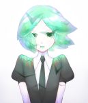  1other androgynous aqua_hair colored_eyelashes crystal_hair eyebrows_visible_through_hair eyes_visible_through_hair gem_uniform_(houseki_no_kuni) green_eyes green_hair highres houseki_no_kuni kanade_00xx looking_at_viewer necktie nekotamago open_mouth phosphophyllite short_hair smile solo upper_body white_skin 