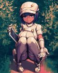  1girl aether_foundation_employee allen_(makaroll) black_hair breasts cabbie_hat creatures_(company) dark_skin employee_uniform full_body game_freak gloves hat large_breasts nintendo outstretched_arm pokemon pokemon_(game) pokemon_sm pouch reaching_out shirt short_hair short_sleeves shorts smile solo squatting tablet thigh-highs uniform white_gloves white_hat white_legwear white_shirt 