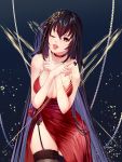  1girl :p absurdres azur_lane black_hair black_legwear breasts choker cleavage commentary_request dress garter_straps hair_ornament highres large_breasts long_hair looking_at_viewer one_eye_closed red_choker red_dress red_eyes side_slit solo spaghetti_strap taihou_(azur_lane) thigh-highs tongue tongue_out very_long_hair yople_star_man 