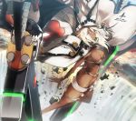  1girl bangs belt beltbra blonde_hair breasts butt_crack cape dark_skin floating floating_hair glint guilty_gear guilty_gear_xrd hat highres large_breasts looking_at_viewer medium_breasts messy_hair nishiide_kengorou orange_eyes ramlethal_valentine short_hair short_shorts shorts sidelocks solo sword thigh_strap unbuttoned_pants under_boob weapon white_hair white_shorts wind wind_lift 
