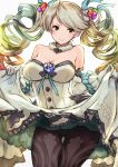  1girl akai_kagerou ass_visible_through_thighs bare_shoulders blush breasts cleavage crotch_seam de_la_fille detached_collar dress dress_lift gem gloves granblue_fantasy green_eyes hair_ornament highres jewelry large_breasts long_hair looking_at_viewer multicolored_hair panties panties_under_pantyhose pantyhose simple_background smile solo twintails underwear white_background white_gloves 