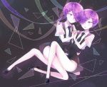  2others amethyst_(houseki_no_kuni) androgynous asymmetrical_hair braid colored_eyelashes crystal_hair full_body gem_uniform_(houseki_no_kuni) hair_over_one_eye hand_holding hand_on_another&#039;s_hip hand_on_another&#039;s_shoulder highres houseki_no_kuni interlocked_fingers kanade_00xx looking_at_another multiple_others necktie nekotamago purple_hair siblings smile suspenders twins violet_eyes 