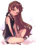  1girl barefoot black_shirt blue_shorts blush brown_hair cola floating_hair full_body green_eyes halterneck head_tilt indian_style isuzu_(log_horizon) log_horizon long_hair looking_at_viewer mo_(deciliter) shiny shiny_hair shirt short_shorts shorts simple_background sitting sketch sleeveless sleeveless_shirt solo very_long_hair white_background 