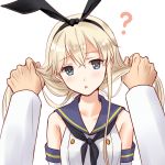  1girl ? blonde_hair blue_eyes blue_sailor_collar bunching_hair crop_top dated elbow_gloves gloves holding holding_hair kantai_collection long_hair looking_at_viewer low_twintails pov pov_hands sailor_collar shimakaze_(kantai_collection) simple_background solo_focus twintails twitter_username u0709 upper_body white_background white_gloves 