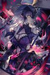  1girl armor armored_dress bare_shoulders breasts chains cleavage closed_mouth fate/grand_order fate_(series) flag gauntlets hair_ornament headpiece holding holding_flag holding_weapon jeanne_d&#039;arc_(alter)_(fate) jeanne_d&#039;arc_(fate)_(all) large_breasts long_hair looking_at_viewer maon_(vava0210) navel navel_cutout petals rose_petals signature smile solo sword very_long_hair weapon white_hair yellow_eyes 
