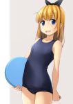  1girl blonde_hair blue_eyes blue_swimsuit commentary_request cowboy_shot flat_chest grey_background hair_ribbon highres kickboard long_hair old_school_swimsuit original ribbon school_swimsuit shibacha simple_background solo swimsuit 
