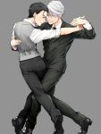  2boys black_hair blue_eyes brown_eyes dancing eye_contact formal hair_slicked_back hand_holding katsuki_yuuri looking_at_another male_focus multiple_boys necktie silver_hair smile suit viktor_nikiforov waistcoat yamano_uzura yaoi yuri!!!_on_ice 