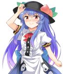  &gt;:) 1girl arm_up bangs black_hat blouse blue_hair blue_skirt blush bow bowtie breasts center_frills commentary_request cowboy_shot e.o. eyebrows_visible_through_hair food fruit gradient_hair hair_between_eyes hand_on_headwear hat highres hinanawi_tenshi leaf long_hair looking_at_viewer multicolored_hair nose_blush peach puffy_short_sleeves puffy_sleeves purple_hair red_bow red_eyes red_neckwear short_sleeves sidelocks simple_background skirt small_breasts smile solo standing touhou v-shaped_eyebrows very_long_hair white_background white_blouse wing_collar 