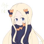  1girl abigail_williams_(fate/grand_order) bangs black_bow black_dress blonde_hair blue_eyes blush bow closed_mouth commentary_request dated dress eyebrows_visible_through_hair fate/grand_order fate_(series) forehead hair_bow highres kujou_karasuma long_hair long_sleeves looking_at_viewer no_hat no_headwear orange_bow parted_bangs simple_background sleeves_past_fingers sleeves_past_wrists solo very_long_hair white_background 