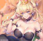  1girl armband bare_shoulders black_collar black_dress blonde_hair bowsette bracelet breasts cleavage collar dress earrings grin highres horns jewelry large_breasts super_mario_bros. new_super_mario_bros._u_deluxe nintendo pointy_ears sakura_shiho sharp_teeth shell smile solo spiked_armlet spiked_bracelet spiked_collar spikes strapless strapless_dress super_crown teeth upper_body 