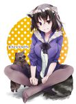  1girl adapted_costume animal_ear_fluff animal_ears blush bow bowtie brown_hair commentary_request common_raccoon_(kemono_friends) eyebrows_visible_through_hair fang fur_trim grey_hair hands_on_lap hood hoodie kemono_friends legs_crossed long_sleeves multicolored_hair nanana_(nanana_iz) no_shoes open_mouth pantyhose pleated_skirt raccoon raccoon_ears raccoon_tail short_hair sitting skirt solo tail zipper 