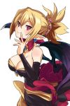  1girl bare_shoulders black_dress black_sleeves blonde_hair breasts brooch cleavage closed_mouth commentary_request demon_girl demon_wings detached_sleeves disgaea dress earrings frilled_dress frills fujitsubo_(hujitubo0731) hair_ornament highres jewelry large_breasts long_dress looking_at_viewer makai_senki_disgaea_2 pointy_ears pointy_hair red_eyes rozalin sash short_hair simple_background smile solo standing strapless strapless_dress v-shaped_eyebrows white_background white_pupils wings 