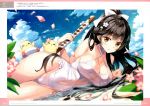  1girl artist_name azur_lane bangs black_hair blue_sky blush bow breasts brown_eyes closed_eyes clouds cloudy_sky day hair_bow highres large_breasts long_hair looking_at_viewer lying on_side oryou outdoors page_number petals ponytail scan sky solo swimsuit takao_(azur_lane) water white_swimsuit 