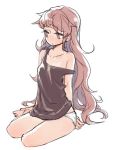  1girl arm_behind_back black_shirt blush brown_eyes brown_hair collarbone floating_hair full_body isuzu_(log_horizon) log_horizon long_hair looking_to_the_side mo_(deciliter) off_shoulder panties shirt simple_background sitting sketch sleeveless sleeveless_shirt solo underwear very_long_hair white_background white_panties 