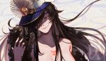  1girl alternate_eye_color artist_name bangs black_hair black_hat breasts cape collarbone command_spell commentary_request evil_smile family_crest fate/grand_order fate_(series) hair_over_one_eye hat head_tilt koha-ace long_hair looking_at_viewer marchab_66 medium_breasts military military_hat naked_cape oda_nobunaga_(fate) peaked_cap pink_lips red_cape smile solo tsurime twitter_username upper_body yellow_eyes 