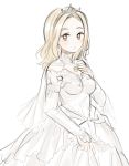  1girl aubz bare_shoulders blonde_hair bridal_veil bride dress elbow_gloves flower formal gloves highres jewelry long_hair necklace octopath_traveler ophilia_(octopath_traveler) rose simple_background smile solo strapless strapless_dress veil wedding wedding_dress white_dress white_flower white_gloves 