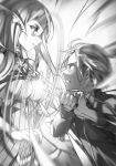  1boy 1girl abec administrator_(sao) breasts clenched_teeth dress eugeo eye_contact from_side greyscale highres holding holding_knife knife looking_at_another medium_breasts monochrome novel_illustration official_art open_mouth sleeveless sleeveless_dress sword_art_online teeth upper_body 