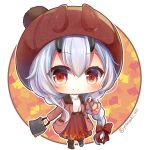  1girl bag bangs black_footwear blush boots bow braid brown_coat brown_eyes brown_hat brown_skirt chibi closed_mouth coat commentary_request eyebrows_visible_through_hair fate/grand_order fate_(series) full_body hair_between_eyes hair_bow hand_up handbag hat holding holding_bag horned_headwear horns long_hair long_sleeves oni oni_horns open_clothes open_coat pleated_skirt print_skirt red_bow shirt silver_hair single_braid skirt smile solo standing tomoe_gozen_(fate/grand_order) twitter_username white_shirt yukiyuki_441 