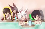  4girls akagi_(kantai_collection) akagi_(zhan_jian_shao_nyu) animal_ears azur_lane bath bathing black_hair blue_eyes bottle breasts brown_eyes brown_hair bucket cannon cleavage closed_mouth cola collarbone eyebrows_visible_through_hair eyes_visible_through_hair fox_ears fox_tail fujikusa hair_ornament hair_ribbon hand_on_own_chest hand_up highres holding holding_bottle kaga_(azur_lane) kaga_(kantai_collection) kantai_collection long_hair looking_at_another medium_breasts multiple_girls nuka_cola_quantum open_mouth ribbon short_hair side_ponytail sidelocks simple_background small_breasts smile symbol-shaped_pupils tail towel white_hair 