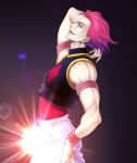  1boy :q arm_strap arm_up bracelet brown_eyes chimachi from_side hisoka_(hunter_x_hunter) hunter_x_hunter jewelry leaning_back looking_up male_focus pants pink_hair short_hair sleeveless solo tongue tongue_out white_pants 